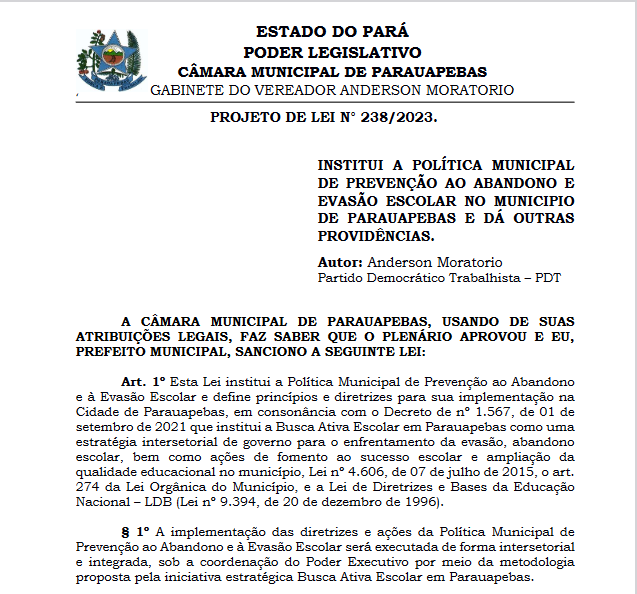 Lei Municipal regulamenta Busca Ativa Escolar como política pública em Parauapebas (PA)